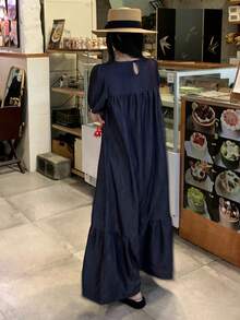 女士休闲宽松长连衣裙，圆领，短泡泡袖，荷叶边下摆 - 藍色 - 查看 2