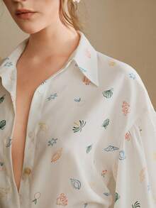 Anewsta 女士翻领灯笼袖海洋元素度假优雅衬衫 - 白色 - 查看 8