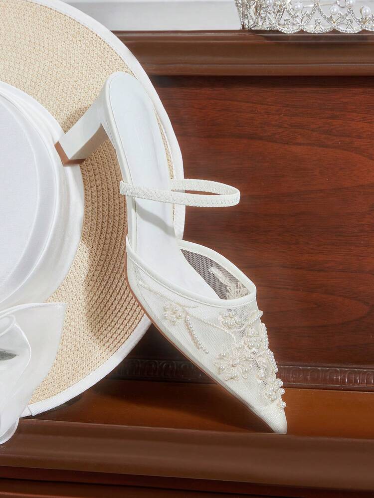 CUCCOO HITCHD Women Shoes Four Seasons New Embroidery Beaded Pointed Thick Heel High Heel Mesh Women's High Heel Shoes Instep With Dew Heel Shoes Elegant Temperament Fashion Wedding Valentine's Day Tea Elegant Wear