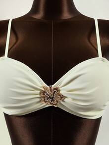 Zestiva Bộ bikini nữ gợi cảm và thanh lịch, chất liệu vải khoét rỗng phối kim loại, size 26SS, cổ khoét sâu, kiểu dáng dự tiệc bãi biển ngoài trời. - Màu be - Xem 6