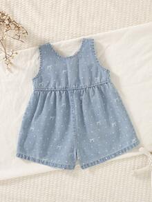 Baby Girl Light Blue Polka Dot Bow Denim Romper, Sweet And Cute Outfit For Daily Outings, Summer, Casual Wear, Parent-Child Outings, Kindergarten - Light Wash - View 2