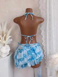 Bellisia 三件套水彩花卉印花挂脖比基尼上衣、系带比基尼下装和纱笼裙泳装套装，夏季度假 - 彩色 - 查看 2