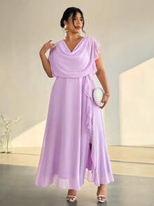 Firerie Đầm cỡ lớn màu trơn, cổ xếp ly, thiết kế tối giản, viền bèo nhún. - Màu tím - Xem 4