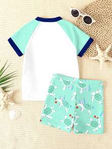 SHEIN Young Boy White Summer Beach Holiday Swimwear Set,Casual Loose Fit Round Neck Short Sleeve T-Shirt And Shorts,Classic Cute Diving Cartoon Turtle Print - Multicolor - View 3
