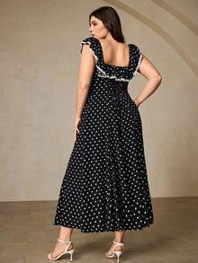 Aveloria Rosie 黑色波点印花无袖露肩荷叶边蕾丝边中长连衣裙，法式复古浪漫优雅大码 - 彩色 - 查看 6