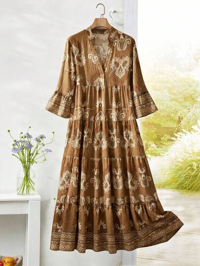 Rusticease 女士休闲复古碎花V领褶皱长袖连衣裙，适合秋季穿着