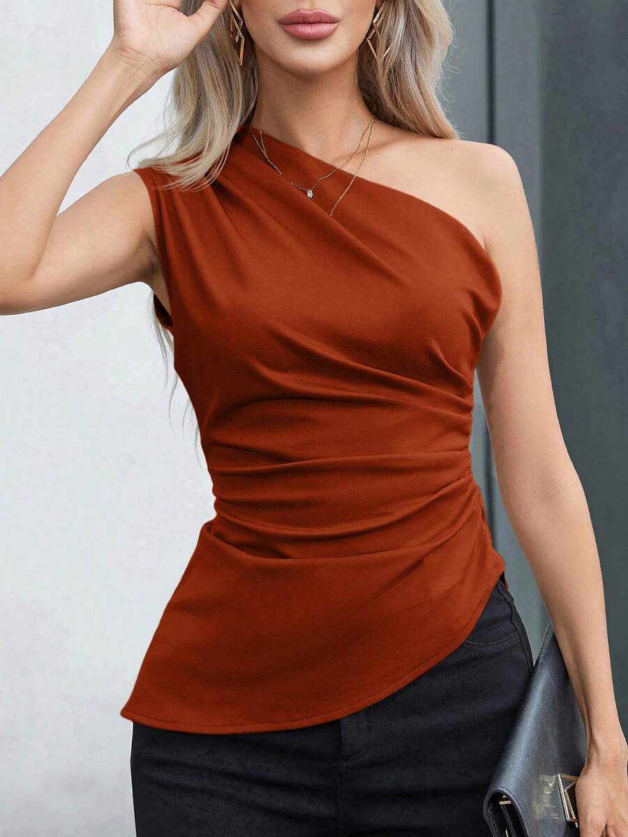Aveloria Modichic 女士休闲通勤简约纯色褶裥修身露肩上衣,夏季 - 珊瑚橙 - 查看 1