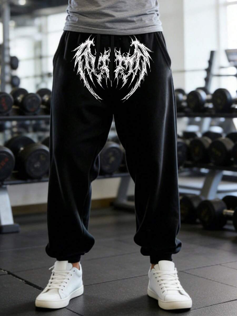 Manfinity Sport PWRUP Men's Casual Wing Print Drawstring Waist Jogger Pants - Black - View 1
