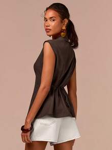 COSMINA Women's Elegant Cinched Waist Button Deep V Shoulder Sleeve Satin Blouse, Versatile For Commute, Daily Wear, Boho Vacation, Valentine's Date, Wardrobe Staple - Brown - View 2