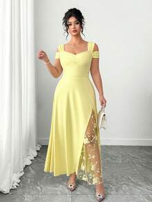 Elenzga 女士优雅浪漫分体网纱刺绣拼接连衣裙 - 黃色 - 查看 4