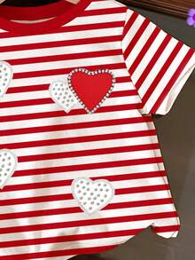 SHEIN Baby Girl Burgundy Striped, Faux Pearl Heart Print, Casual Minimalist Elegant Striped Heart Graphic Short Sleeve Round Neck Top T-Shirt, Suitable For Spring/Summer Daily, Street Style, Outings, Home, Vacation, Homecoming, Back To School, Spring & Summer, Easy Comfort, Spring & Summer Sets Stylish, Casual Wear, & Heart Graphic Tee, Spring & Summer Fashion, Laid-Back Style, Relaxed Chic - Multicolor - View 6