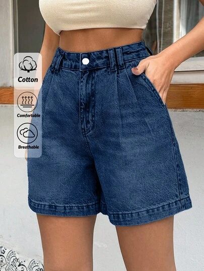 EURMUSE 100%Cotton HIGH WAIST PENS DETAILED STRAIGHT CUT SHORT