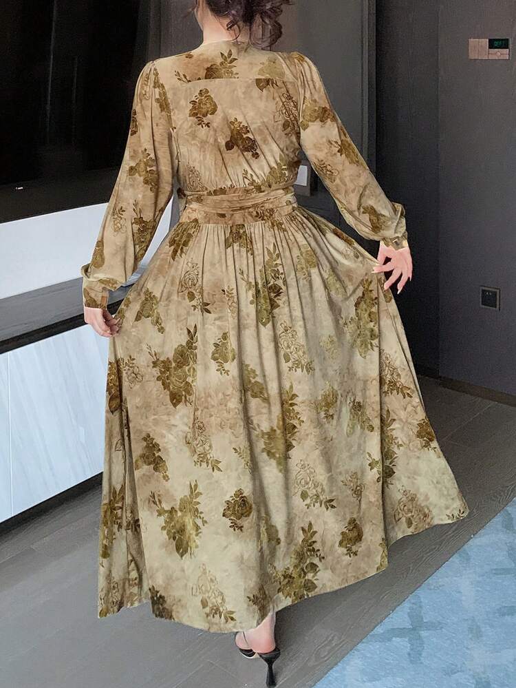 Dazy Plus Plus Size Velvet Burnout Floral Lace V-Neck Tie Waist Elegant Lantern Sleeve Dress Sundress