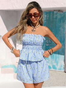 Vivid Eden 女士度假条纹荷叶边抹胸上衣和短裤时尚套装 - 藍色 - 查看 9