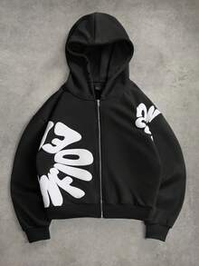 PAVTROS 男士休闲字母图案拉链连帽卫衣，秋季款 - 黑色 - 查看 1
