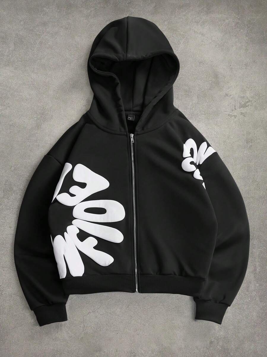 PAVTROS 男士休闲字母图案拉链连帽卫衣，秋季款 - 黑色 - 查看 1
