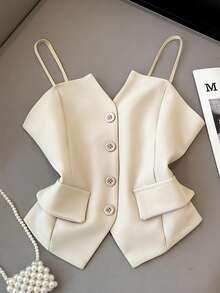 Franclia 休闲时尚百搭系带不对称下摆女士迷你裙，新款夏季卡其色纹理裙 - 杏色 - 查看 1