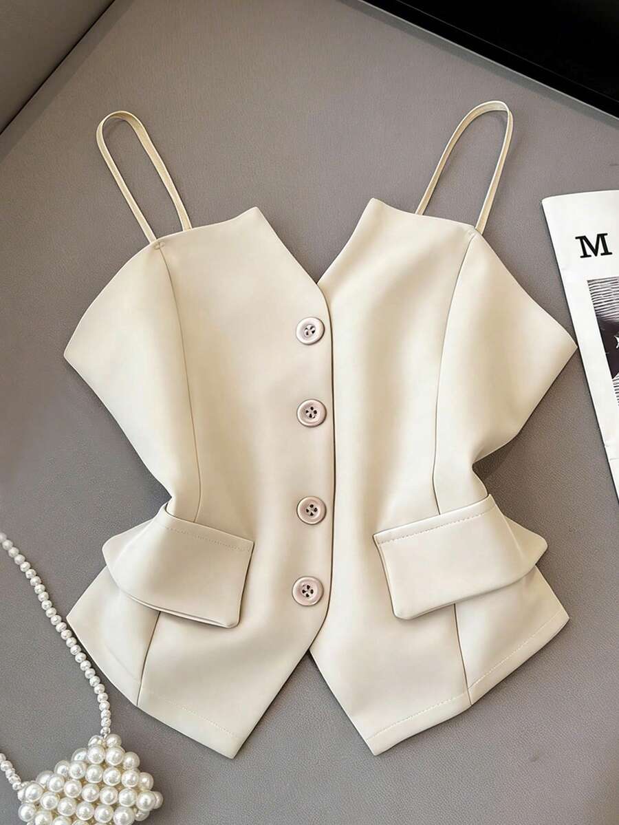 Franclia 休闲时尚百搭系带不对称下摆女士迷你裙，新款夏季卡其色纹理裙 - 杏色 - 查看 1