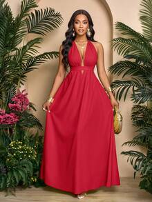 SOLERSUN 女士纯色露背吊带V领度假沙滩交叉系带露背长裙度假沙滩装 - 紅色 - 查看 6