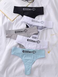 Lowkey Lull 5件套女士无痕丁字裤，简约字母设计运动内衣，塑身提臀 - 彩色 - 查看 5