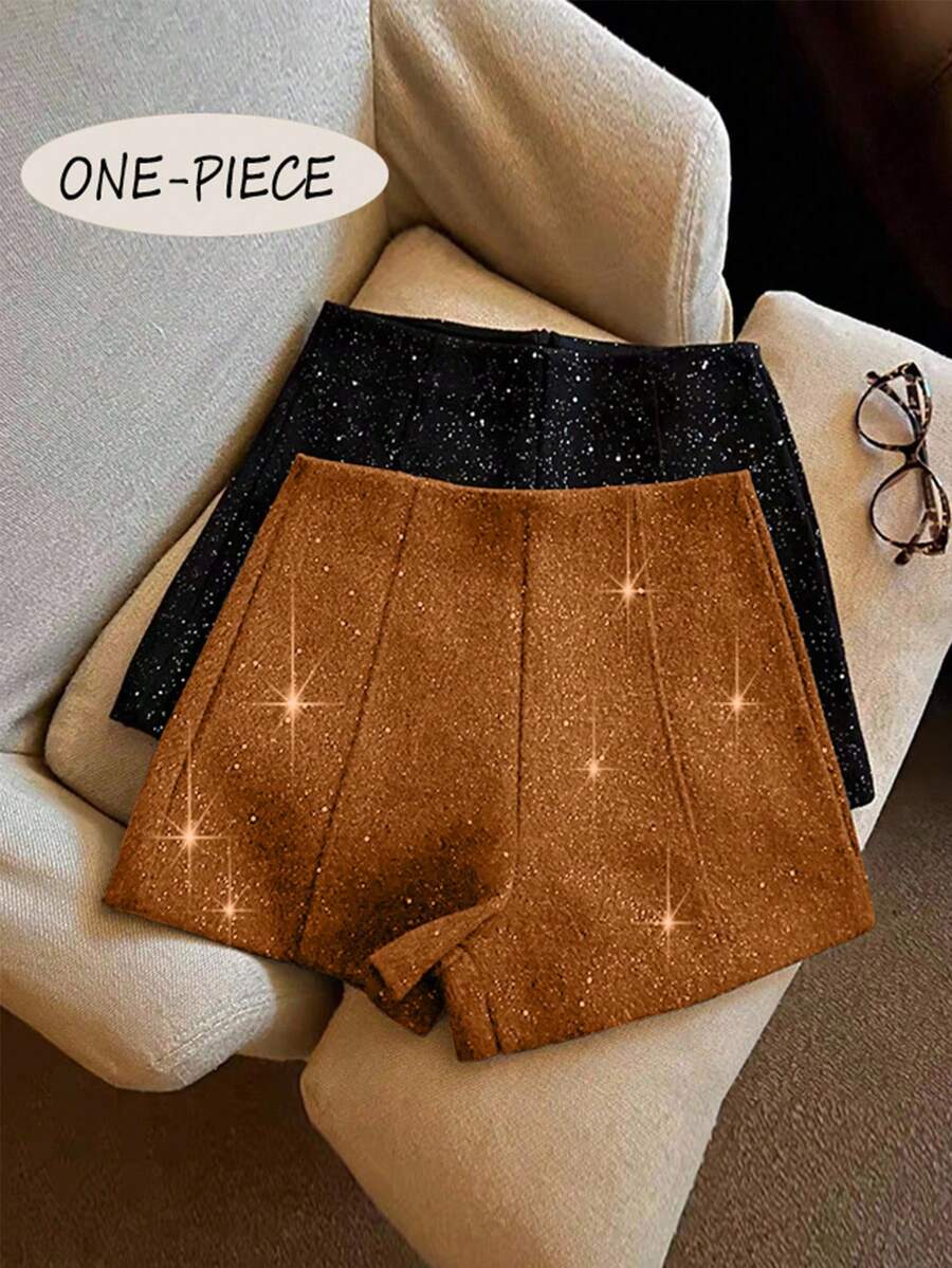 SHEIN Pantalones cortos elegantes y de moda de mezcla de lana brillante para mujeres - Óxido marrón - Ver 1
