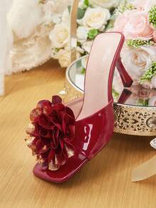 CUCCOO HITCHD 女士方头细高跟套脚花卉装饰穆勒凉鞋，性感时尚派对、夜店礼服鞋 - 酒紅色 - 查看 6