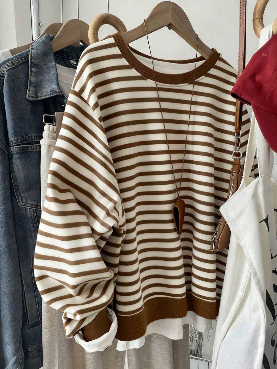 SHEIN 女士休闲条纹套头卫衣，时尚百搭，适合户外穿着、街头摄影、返校季、教师节等场合，常规圆领卫衣 - 彩色 - 查看 1