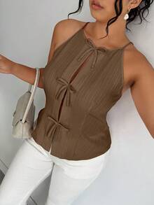 Elenzga Áo tank top mùa hè cỡ lớn, kiểu dáng thường ngày, chất liệu vải, có nơ trang trí - Màu nâu Sô-cô-la - Xem 3