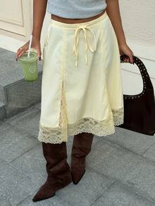 Muchica 女士黄色编织撞色蕾丝抽绳腰裙 - 黃色 - 查看 3