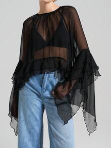 Ontre 2025新款黑色半透明宽松褶皱优雅雪纺圆领长袖荷叶边下摆上衣，百搭日常/海滩/度假装，波西米亚风格 - 黑色 - 查看 5