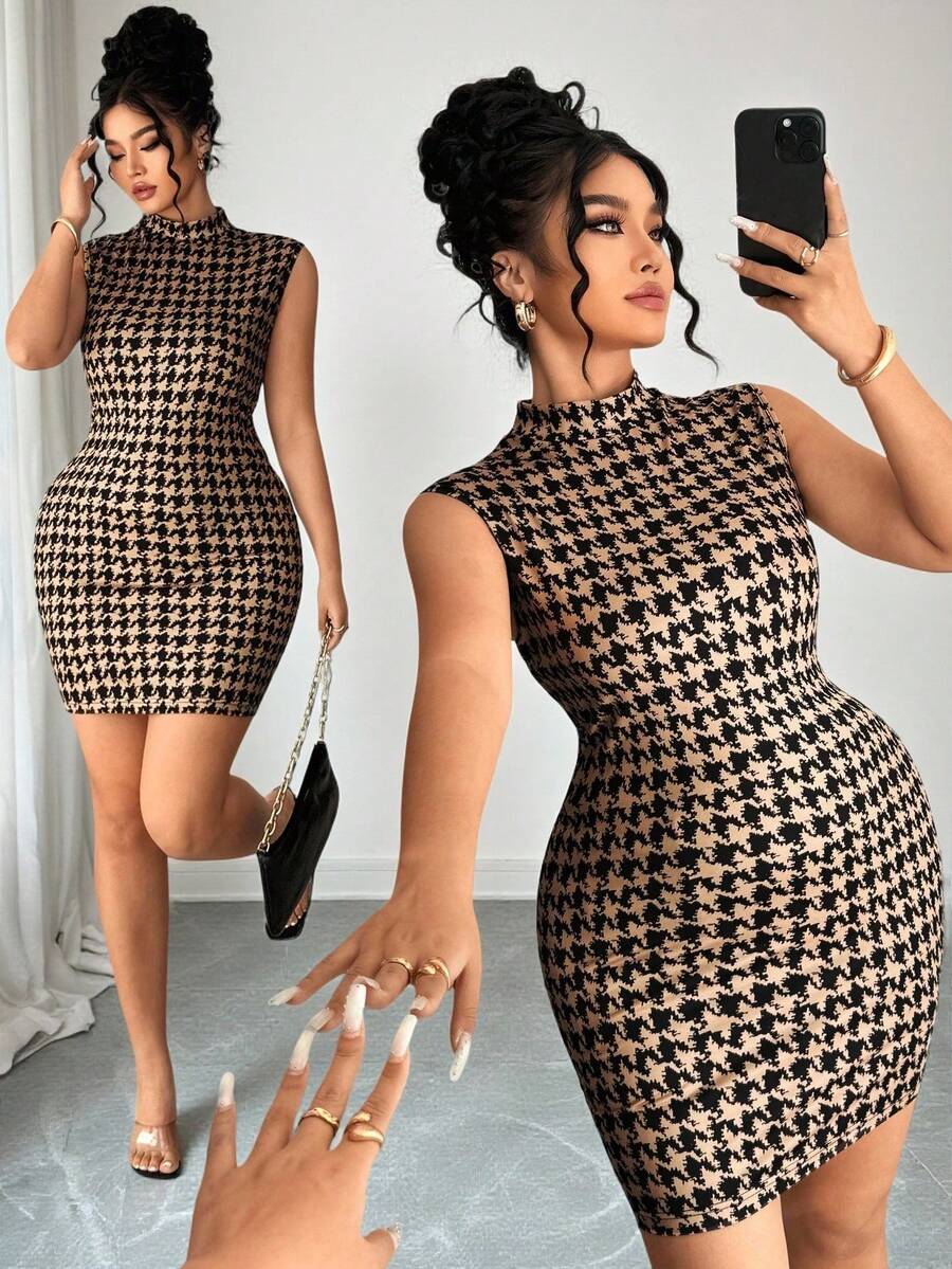 Elenzga Elenzya 大码优雅无袖连衣裙，随机千鸟格图案，立领 - 咖啡棕 - 查看 1