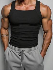 Manfinity Dauomo Men's Solid Color Square Neck Slim Fit Casual Tank Top, Summer - Black - View 1