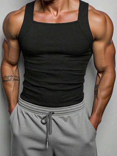 Manfinity 男士纯色方领修身休闲背心，夏季