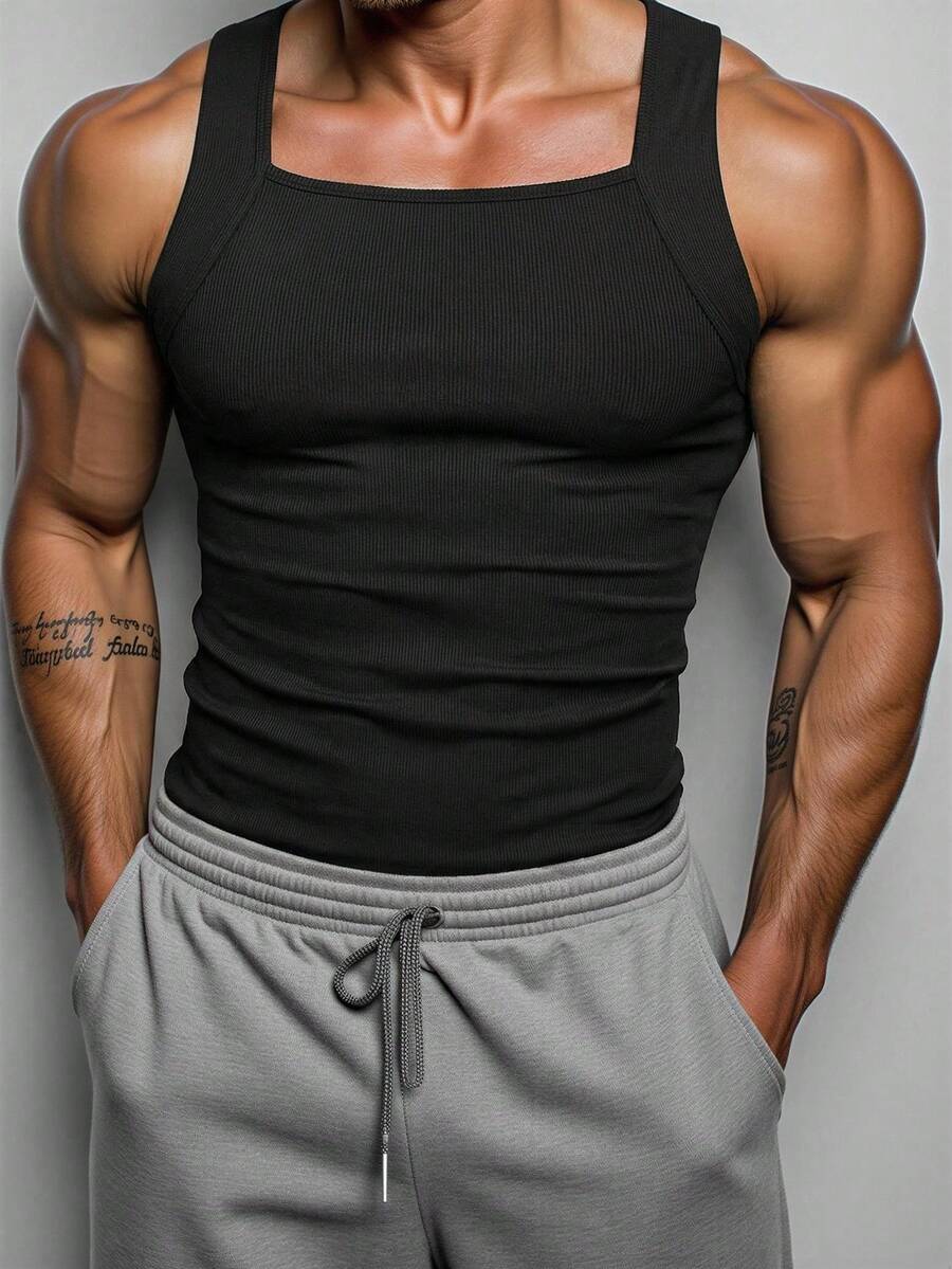 Manfinity Dauomo Men's Solid Color Square Neck Slim Fit Casual Tank Top, Summer - Black - View 1