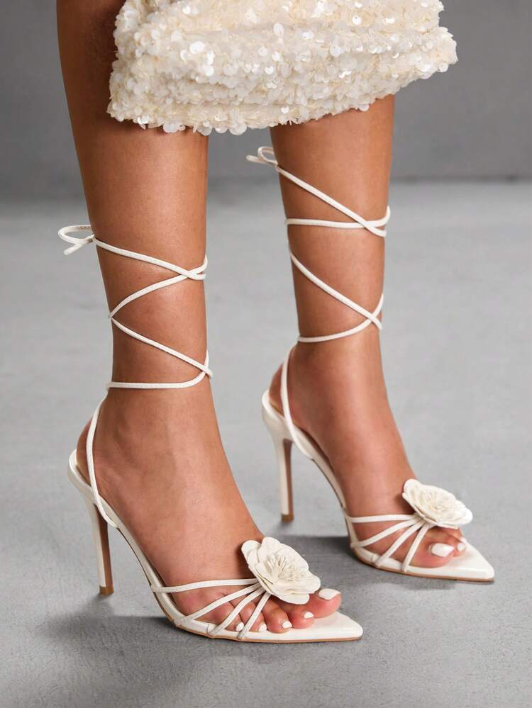CUCCOO SZL White PU Camellia Decor Lace-Up Sexy Elegant Pointed Toe High Heel Party Sandals For Women