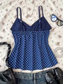 SHEIN Teen Girls' Blue & White Polka Dot Lace Camisole Elegant White Lace Trim Camisole, Suitable For Summer, Vacation, Casual, Home, Bohemian Style - Navy Blue - View 2