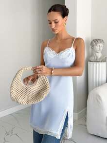 Siren Gaze Women's Summer Contrast Lace Side Slit Camisole Mini Dress - Baby Blue - View 3