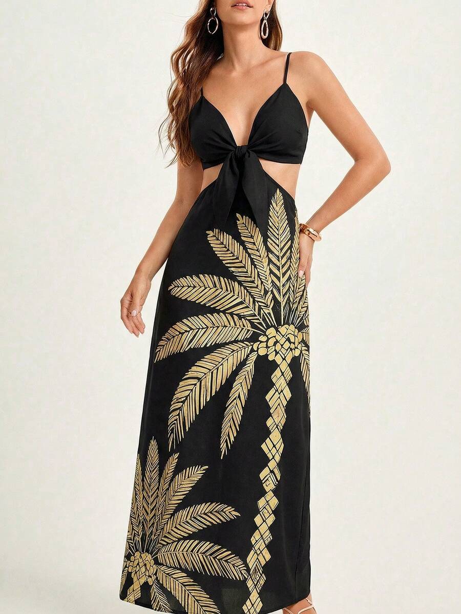 CAJUNI Women's Summer Vacation Coconut Tree Print Hollow Front Tie Strap Dress - Black - View 1