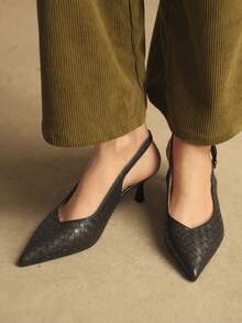 Rosivie Sandalias de tacón alto para mujer, tacones de aguja con punta puntiaguda y estampado de tejido en negro, tacón de gatito elegante, bombas con cierre de hebilla para ir al trabajo, se pueden combinar con vestidos de fiesta - Negro - Ver 5