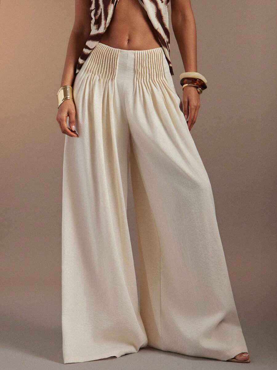 Hauture Women's Sexy Casual Pleated Relaxed Wide Leg Linen Pants - White - View 1