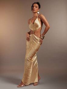 Hauture Women's Sexy Hanging Tassels Fringe Halter Deep Neck Backless Dress - Khaki - View 6