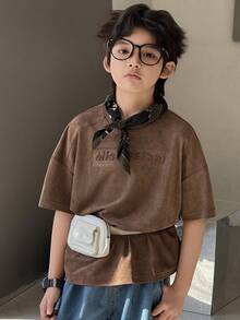 Dazy Kids Tween Boy Round Neck Letter Embossed Casual Versatile Daily Wear Short Sleeve T-Shirt - Brown - View 5