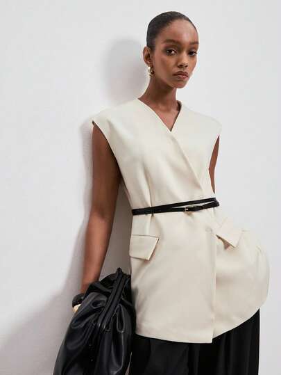 ATUI Studio Women's Sleeveless V-Neck Wrap Blazer Vest, Solid Color Minimalist Casual Waistcoat, Spring Summer Everyday Layering Outfit For Office Work Going Out