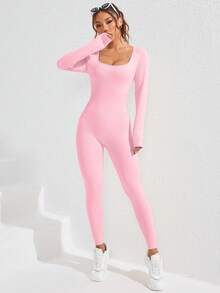 SHEIN Sovereign Charm Women's Casual Solid Color Elastic Ribbed Jumpsuit - Pink - View 3