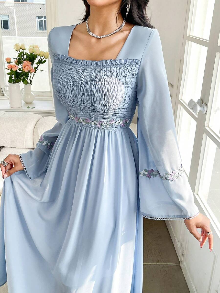 Yasmyna 女士方领插肩袖长款阿拉伯风格连衣裙 - 藍色 - 查看 1