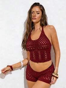 Avantive 2026 Latest Style: Elegant Retro-Style Openwork Knit Burgundy Shorts For Vacation, Relaxation, And Beach Wear - Burgundy - View 4