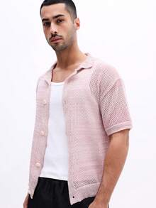 SUMWON Knitted Short Sleeve Polo Shirt With Button Front Collar Mesh Texture Summer Casual - Pink - View 5