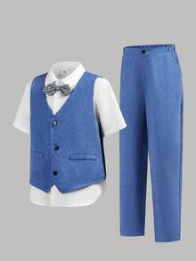 SHEIN 3pcs Tween Boy Structured Vest, Short Sleeve Shirt, And Pants Set - Blue - View 3