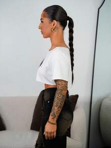 SAYEHFBABY 女式不对称领口短款 T 恤，朋克亚文化唇印白色短袖上衣 - 白色 - 查看 5