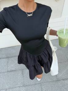 Muchica Women's New Ruffle Hem Short Sleeve Mini Dress, Summer - Black - View 3